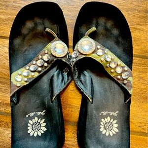 Yellow box Camo Jeweled Platform Flip Flops